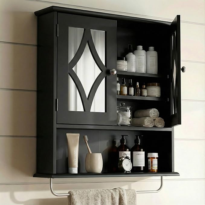 RoyalCraft Bathroom Medicine Cabinet Wall Mounted, Over The Toilet Storage Cabinet with Towel Rack and Adjustable Shelf, Large Bathroom Towel Cabinet Wall Mount 22x25 inch (Black)