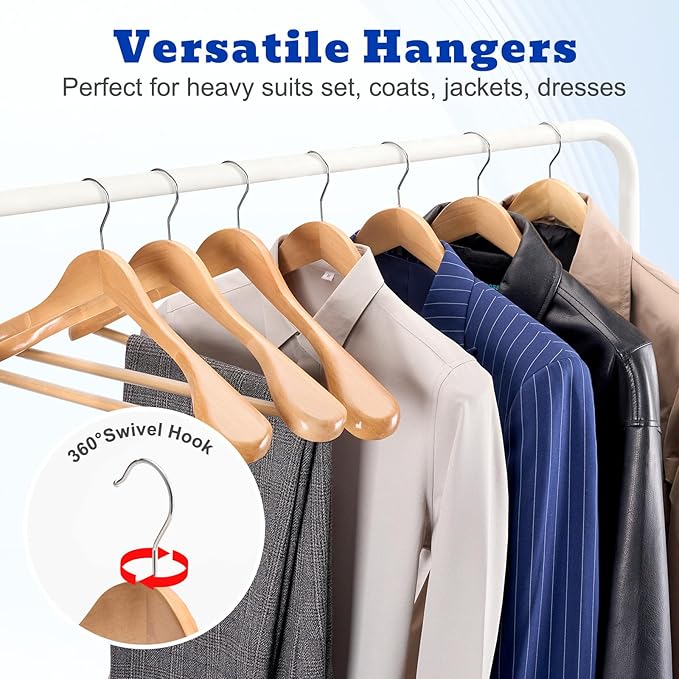 HOUSE DAY Wood Suit Hangers for Men, Smooth Wide Shoulder Wooden Hanger with Non Slip Pant Holder, Wide Hangers for Suits, Coats, Jackets, Heavy Wide Clothes Hanger 2 Pack, Natural