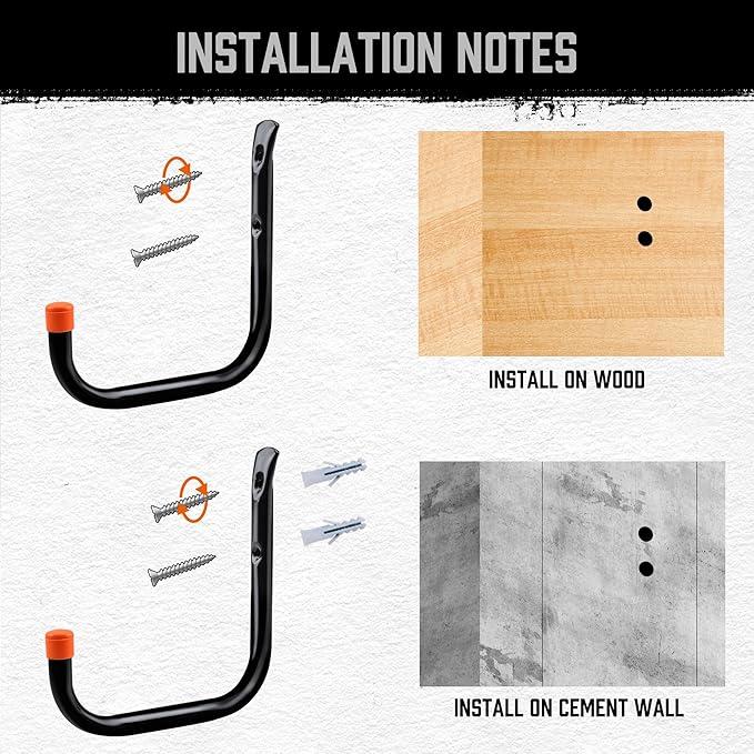 HORUSDY 6 Pack 8 Inch Heavy Duty Garage Hooks, Wall Mount Storage Hangers for Ladder, Bike, Hose, Tools, Holds up to 30LBS, Large Utility Hooks with Screws & Anchors, 7.5" x 7.68"