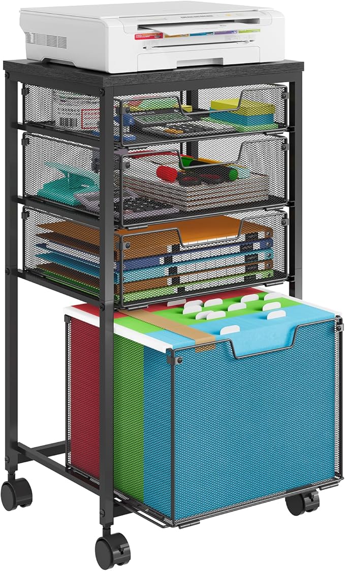 Rolling File Cart with 4 Storage Drawers, Filing Cabinet for Home Office, Hanging File Folder Organizer with Wheels Under Desk, Utility Craft Cart Printer Stand, Black