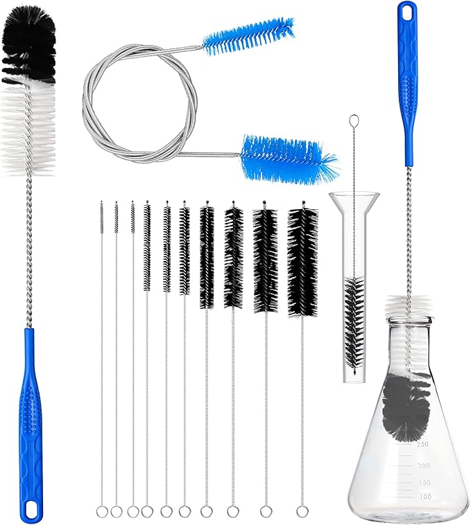 12Pcs Glass Tube Pipe Cleaners Brush Kit,Long Nylon Straw Brush for Glass Funnel and Bottle,17-inch Long Handle,8.2-in Different Diameters Brushes,35-in Flexible Double-Ended Hose Tool (Blue)