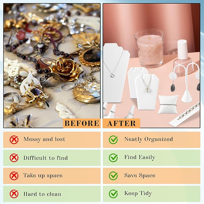 Novel Box White Leatherette 11 Pieces Jewelry Display Set for Necklaces, Bracelets, Rings, Earrings, Pendants & Watches - Jewelry Displays Sets for Selling or Personal Use