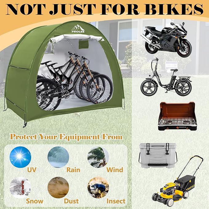 PROLEE Bike Storage Tent,Bike Shed 6.6FT, Waterproof Oxford Fabric Storage Tent for 2-3 Bikes, Outdoor Bicycle Storage with Window Design, Green