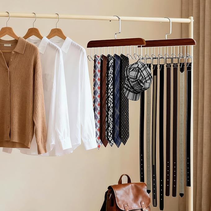 4 Pack Belt Hanger for Closet, Wooden Tie Rack Hangers for Men with 8 Hooks, Space Saving Tie Holder Organizer,Closet Storage for Ties,Belts,Bras,Scarves,Tank Tops