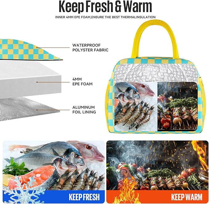 Lunch Bag Women/Men Lunch Box Women/Men (Yellow+Blue Checkerboard)