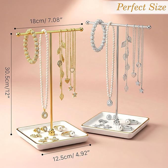 Jewelry Holder Stand with Ceramic Base: 12" Tall Necklace Organizer Rack, Tree Design Display Storage for Necklaces, Bracelets, Rings, Earrings, Aesthetic Vintage Room Décor (Gold)
