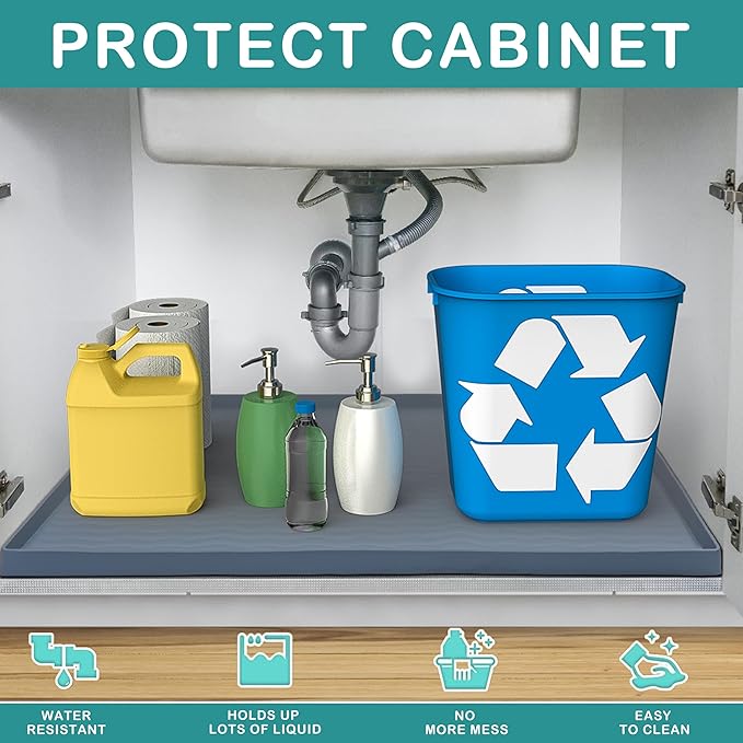 URMONA Waterproof Silicone Under Sink Mat 31'' x 19'' Shelf Liner for Kitchen and Bathroom, Cabinet and Counter Protector, Storage and Organizers, Litter Mat, Pet Cat Puppy Essentials(Dark Grey)
