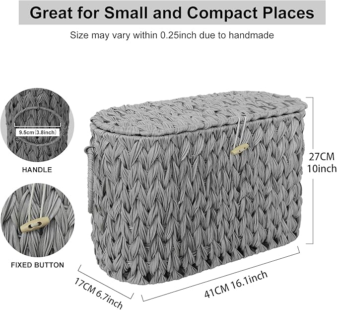 Toilet Paper Storage Basket with Lid,Wicker Toilet Paper Holder Stand,Narrow Decorative Woven Bathroom Basket Organizer,Free Standing Grey