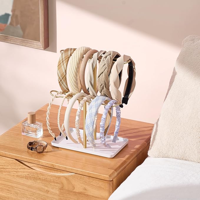 Headband Holder Organizer for Hair Accessories: Headband Storage Vanity Hair Clip Organizer, Two-Tier Stand with Storage Tray for Girls Women, Jewelry Necklace Rack for Vanity, Bathroom, Gold