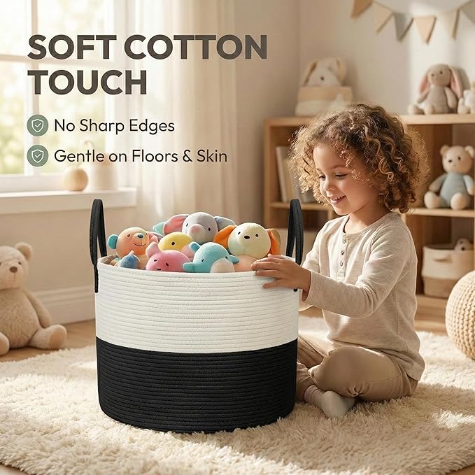 65L Extra Large Blanket Basket for Living Room - Woven Cotton Rope Laundry Hamper with Reinforced Handles - Storage Bin for Pillows, Comforters & Toys - Machine Washable,White&Black