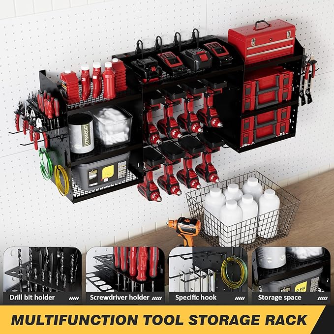 Power Tool Organizer Wall Mount with Charging Station, Heavy-Duty Metal Garage Tool Storage Rack & 8 Outlet Power Strip, 51 Inch 3 Tier 8 Bin Shelves for Workshop Organization