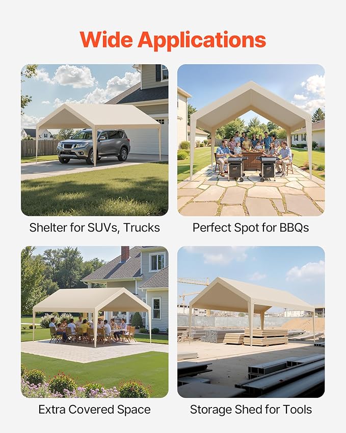 VEVOR Carport Replacement Canopy Cover, 12 x 20 ft Potable Garage Tent Top Tarp, UV-Resistant & Waterproof Car Shelter Tarp, Heavy Duty Car Port Cover with Ball Buggees, Beige, Frame Not Included