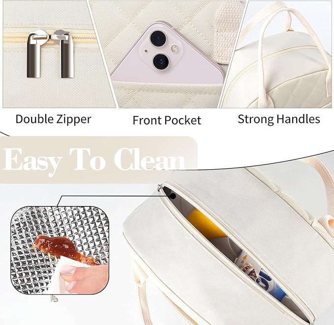 Lunch Bag Women,Insulated Quilted Lunch Bag, Small Portable Cute Lunch Box,Cooler Bag Reusable Lunch Tote for Work/Travel/Picnic (Beige)