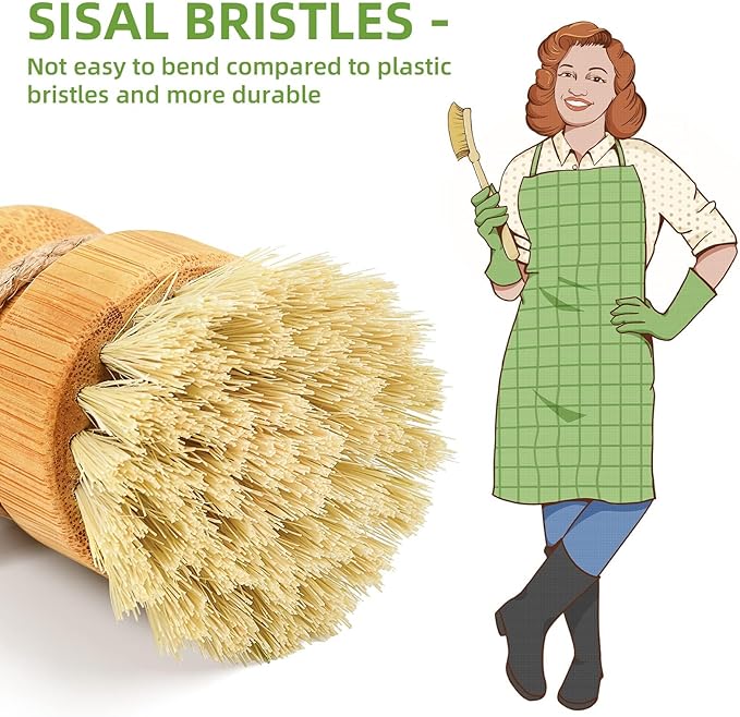 SUBEKYU Bamboo Dish Scrub Brushes, Kitchen Wooden Cleaning Scrubbers Set for Washing Cast Iron Pans/Pots, Set of 2
