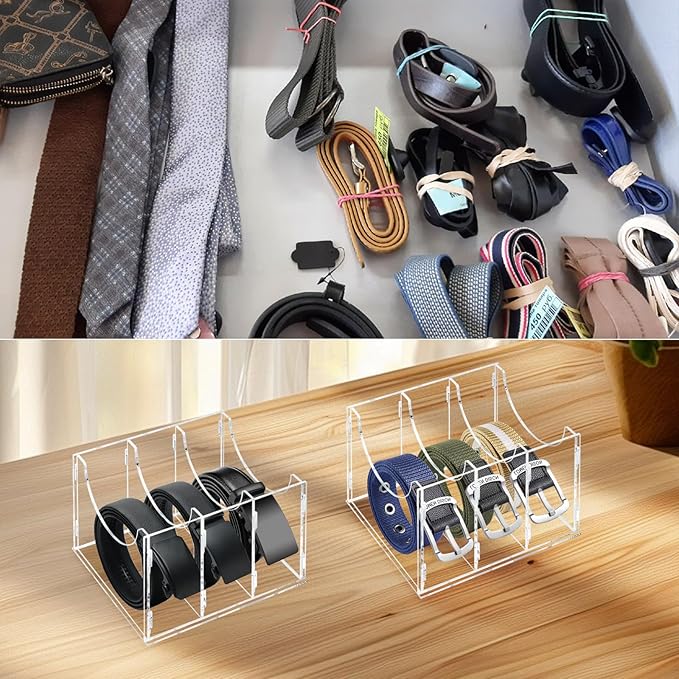 Dezzer Belt Organizer, Acrylic Belt Storage Organizer for Closet and Drawer, Clear Belt Holder Display Case with 3 Compartments for Tie and Bow Tie