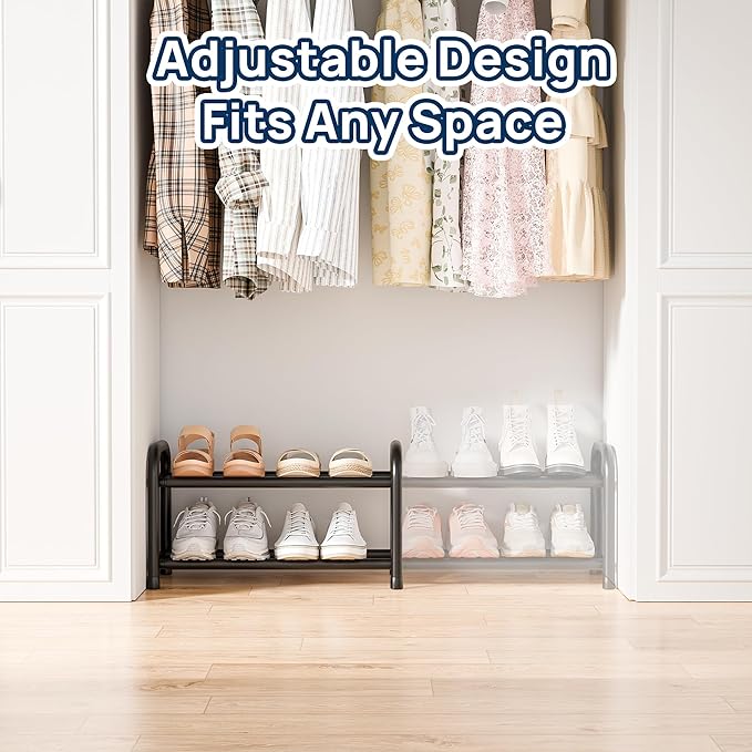 ENJOYBASICS Expandable Shoe Rack, 2 Tier Adjustable Shoe Organizer Shelf for Closet, Black Metal Free Standing Shoe Rack Storage for Small Space, Entryway