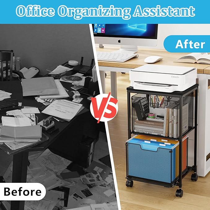 Rolling File Cart with 2 Storage Drawers, File Cabinet with Wheels, Hanging File Folder Organizer, Under Desk Storage, Printer Stand Utility Cart Filing Cabinet for Home Office,Black