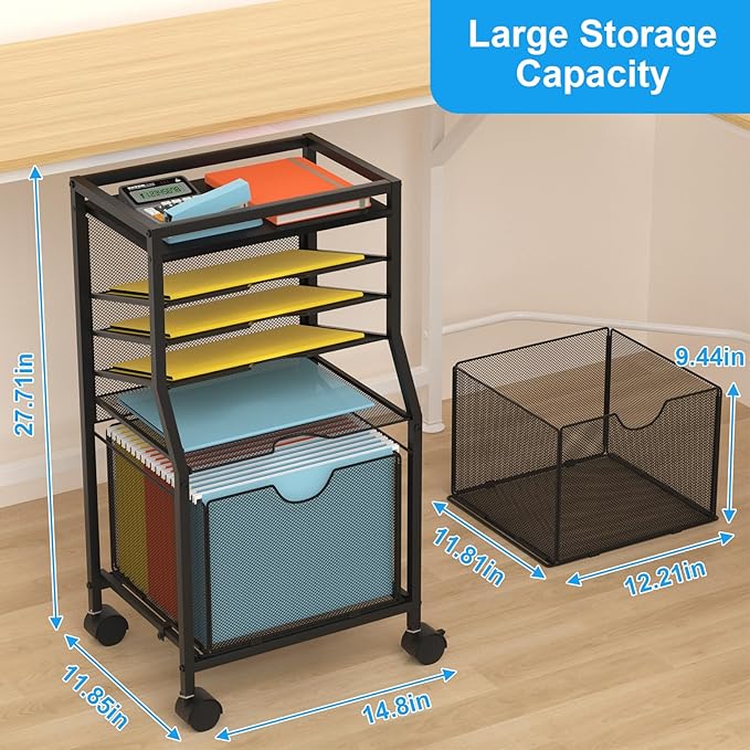 Rolling File Cart, 6-Tier Desk File Organizer on Lockable Wheels, Black Wood Planks & Mesh Sliding Hanging Folder Drawer, Organization Cart for Office Home School
