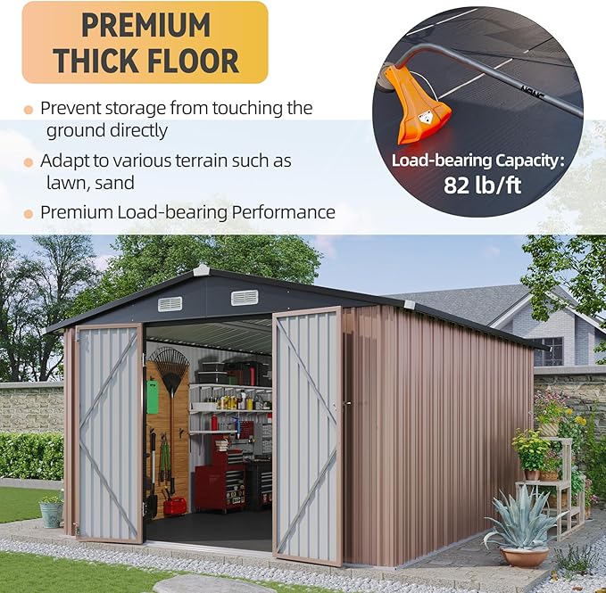 Aoxun 10x12 Shed with Brown Floor Galvanized Steel Outdoor Storage Shed Metal Garden Shed with Moisture-Proof Floor & Ventilation, Sloped Roof for Bike/Generator/Tool Storage (Brown Floor Included)
