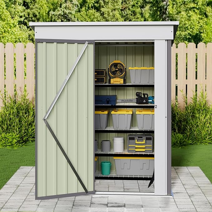 JUMMICO Metal Outdoor Storage Shed 5 x 3 FT Metal Shed with Lockable Door,Waterproof Garden Tool Shed Storage House for Backyard Patio Lawn,Grey