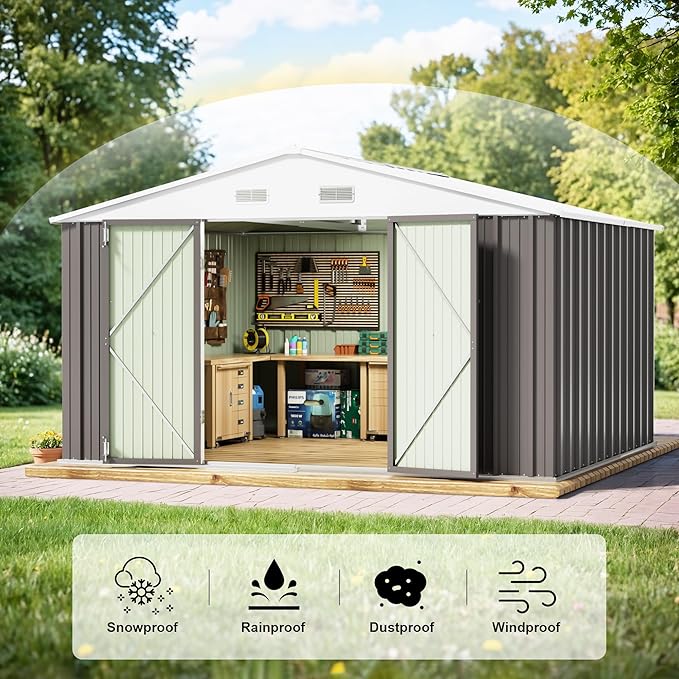 JUMMICO 10 x 8 FT Outdoor Storage Shed, Large Metal Garden Shed & Tool Sheds for Backyard Garden Patio Lawn (Grey)
