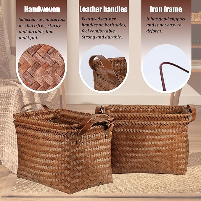 BROWNLILY Handwoven Clothes Basket Laundry Hampers Large Wicker Storage Baskets for Shelves Blankets Closet Storage Bins Car Bedroom Bathroom Organizers and Storage Bath (6, Brown)