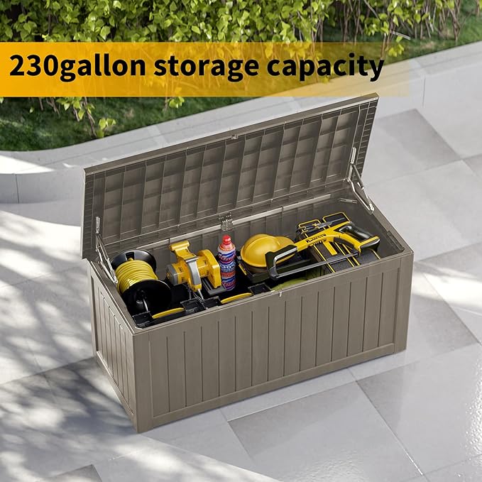 Outdoor Storage Box Waterproof, 270 Gallon Lockable Resin Deck Box Large, Patio Storage Bin for Pool Accessories Cushion Furniture, Garden Tools, UV-Resistant Outside Delivery Grey