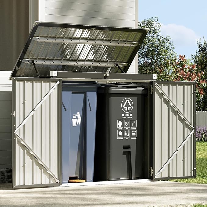 Aoxun Outdoor Storage Shed Metal Trash Can Storage with Chain Lid Waterproof Outdoor Garbage Can Organizer, Ideal for 2 Trash Bins, Generator, Garden Tools (Black)