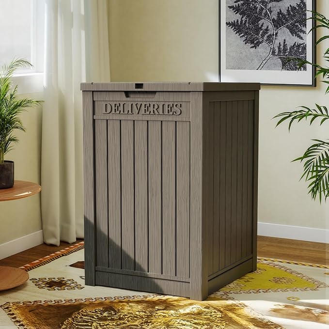 EasyUp Outdoor Package Delivery Box, 55-Gallon Lockable Parcel Drop Box, Large Double-Walled Resin Weatherproof Storage Deck Box for Porch and Patio (Gray)