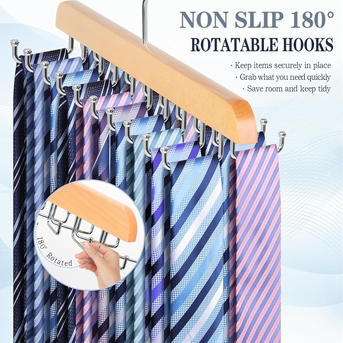 Tie Rack Belt Hanger for Closet Fitnice Upgraded Non Slip Tie Hanger Space Saving with 20 Foldable Hooks Wooden Belt Tie Organizer for Tank Tops Bras Cami Scarves