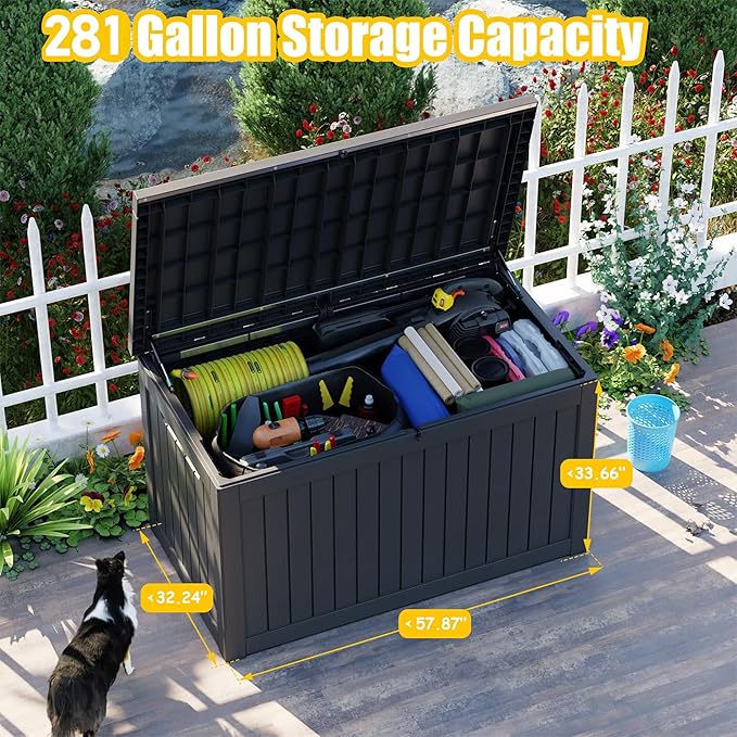 281 Gallon Outdoor Deck Box,Waterproof Resin Outdoor Storage Boxes, Outside Storage Lockable Container for Garden Tools,Indooor Cushions,Accessories (Black)