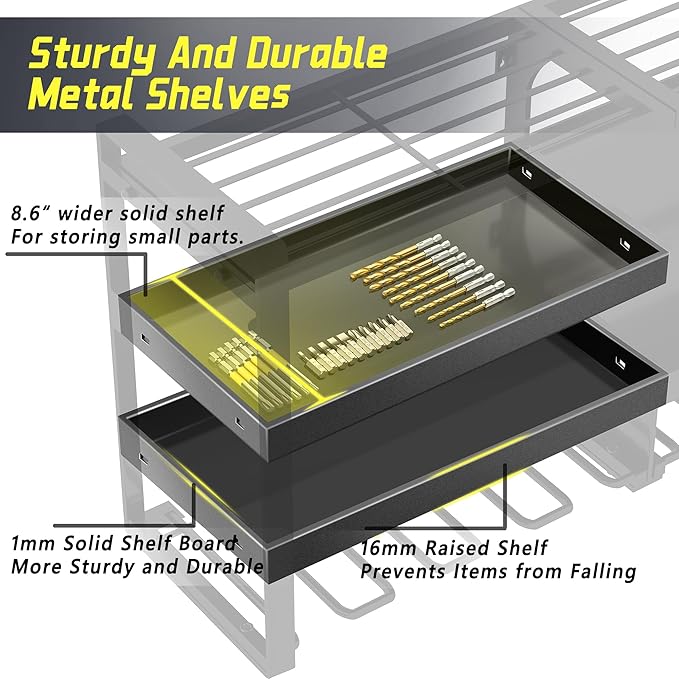 Power Tool Organizer Wall Mount,4 Layers Heavy Duty Storage Rack with 8 Drill Holder, Easy Installation, Tool Organizer Wall Mount for Garage Workshop and Home Organization.