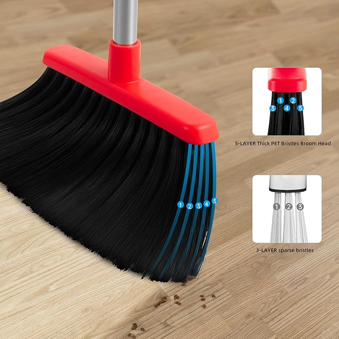 Broom and Dustpan Set, 52-in Long Adjustable Handle Broom with Dustpan Combo Set with Dust Pan Teeth for Home Office Kitchen Lobby Floor to Clean Pet Hair Indoor&Outdoor Cleaning
