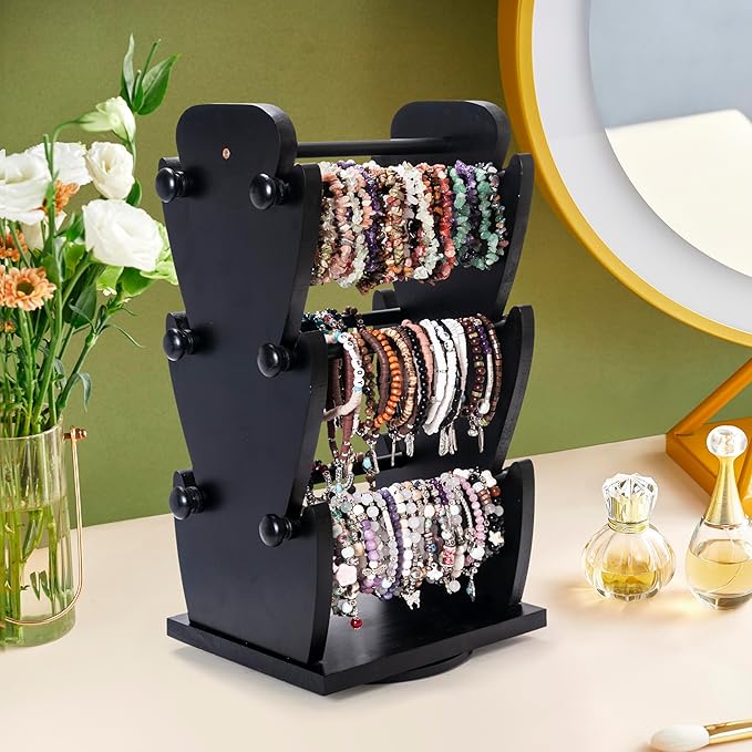 Two-Sided Rotating Wooden Jewelry Bracelet Holder Display Stand with 6 Removable Holders - 3 Tier Bar Bangle Organizer Perfect for Organizing and Showcasing Bracelets, Watches, and Accessories-Black