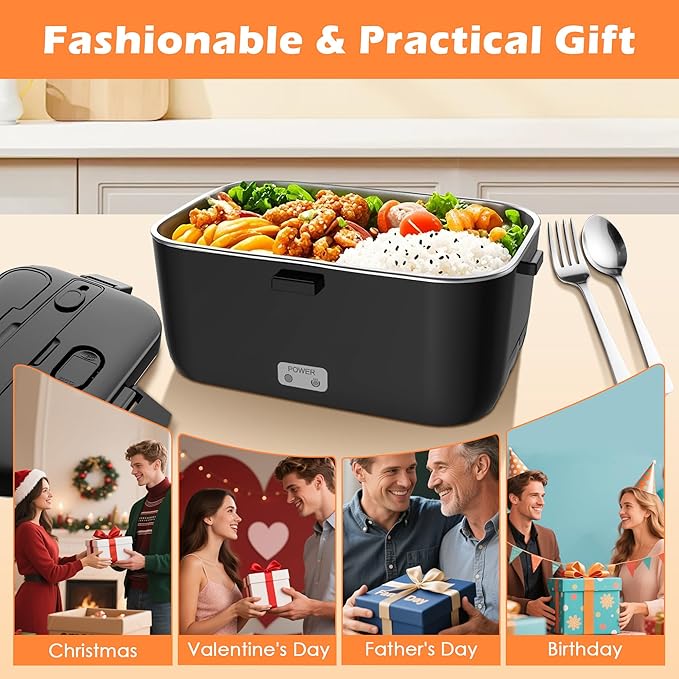 Electric-Lunch-Box-Heated-Food-Warmer 100W Heating Lunchbox for Adults 1.8L Portable Food Heater for Work/Car, 12V/24V/110-230V Lonchera Eléctrica Portátil with Fork Spoon (Black)
