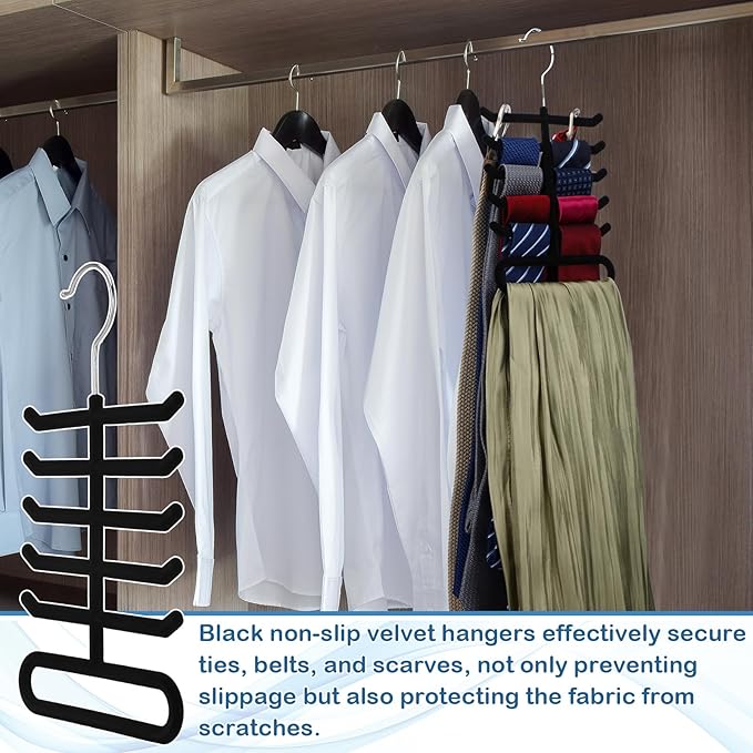 Kathfly 8 Pcs Black Velvet Tie Hanger 360° Rotatable Non Slip Hook Flocked Tie Rack Belt Organizer for Belts and Scarves