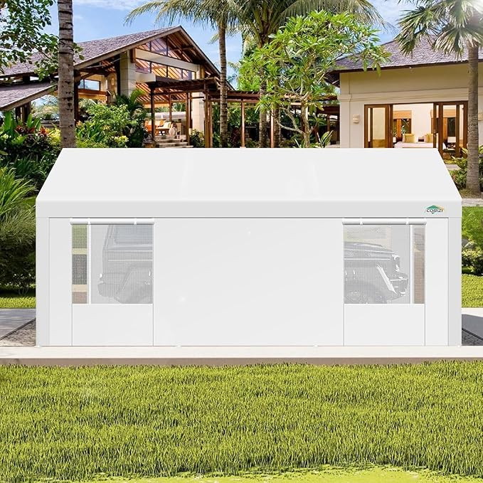 COBIZI Carport 12x20Ft Heavy Duty Portable Garage, 2.0 Powder Coated Frame(Better Than Galvanized), Waterproof Shelter with Removable Sidewalls & Windows, Built-in Sandbags, for Car/Boat/SUV, White
