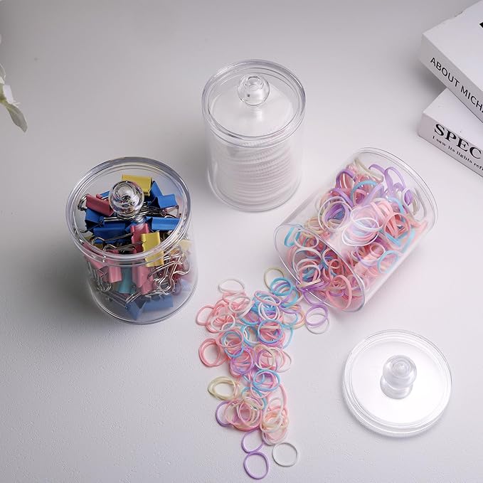 WEISHI 4 Pack Qtip Holder Dispenser - Cotton Ball, Swab, Round Pads, Floss , Small Clear Plastic Apothecary Jar Containers with Lids for Bathroom Storage and Organization, Vanity Organizer