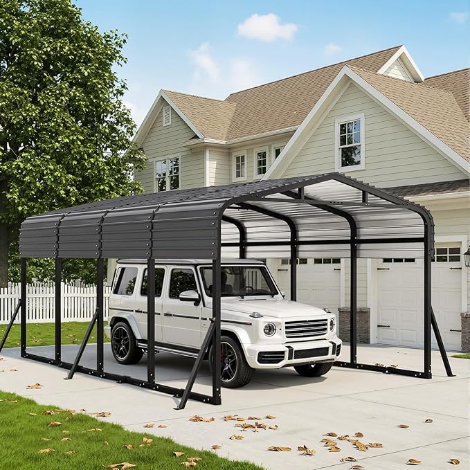 12x20FT Heavy Duty Metal Carport, Outdoor Portable Car Garage w/Reinforced Support Rods & Windproof Ground Anchors, All-Season Versatile Outdoor Shelter for Car Boats Truck