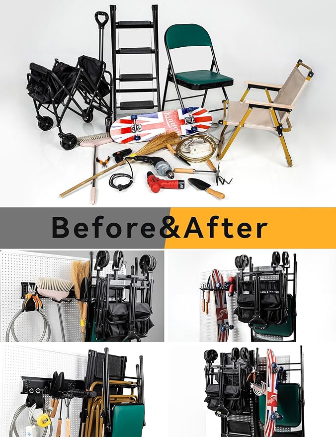 Wall Mount Garden Tool Organizer - 48 Inch Max Load 539lbs with14 PCS Adjustable Garden Tool Hanger Rack, Shovel Holder Wall Mount, Storage Hooks for Hanging in Garage