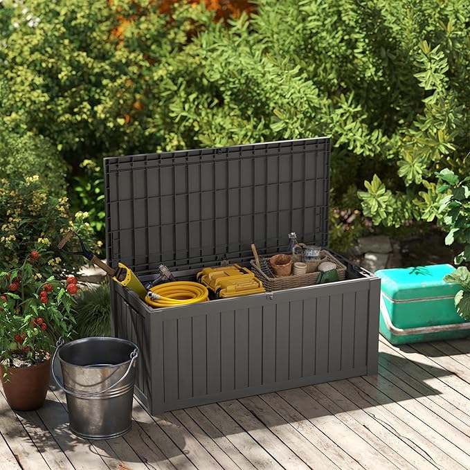 Outdoor Storage Box 150GAL Waterproof Resin Deck Box,UV-Resistant Lockable Package Delivery Bin for Garden Tools,Large Patio Outside Cushions,Pool Accessories Supplies,Chest,Furniture,Black
