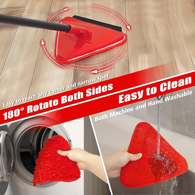 NEWE Wall Mop Cleaner with 80 inches Long Handle, 180° Folding Ceiling Cleaning Tool with Squeegee for Washing Painted Walls, Triangle Baseboard Scrubber with 3 Chenille Duster and 3 Microfiber Pads