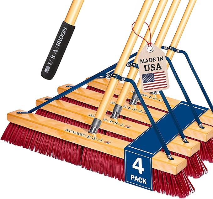 4-Pack - 24" Soft Sweep Indoor Push Broom with 60" Handle. Ideal for Epoxy & Polished Floors. Durable American Made Steel Brackets-Stainless Steel Hardware. No Plastic. 100% USA Made