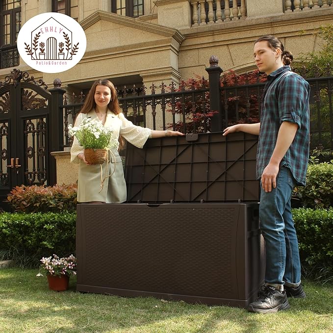 EHHLY 121 Gallon Outdoor Storage Box Large, Lockable Outside Storage Containers Waterproof Patio Cushions Deck Boxes, Rattan Plastic Garden Hose Storage Boxes Resin Pool Storage Bins, Brown