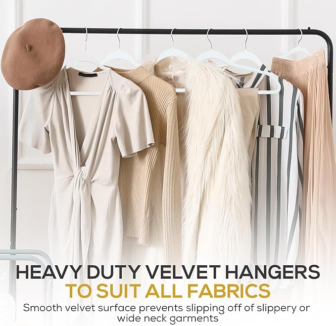 Premium Velvet Hangers 50 Pack Ultra Thin Non Slip Adult Felt Space Saving Slim Suit Hanger for Closet Heavy Duty Coat Pants Jackets Dress Hangers 360° Swivel Hook Hold Upto 10 lbs White