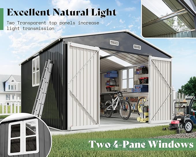 AMERLIFE 10x12x7 FT Outdoor Storage Shed with 2 Transparent Panels, Metal Garden Shed with Hinged Double Doors, 2 Windows & 4 Vents, Reinforced Steel Frame for Backyard, Garden, Dark Gray