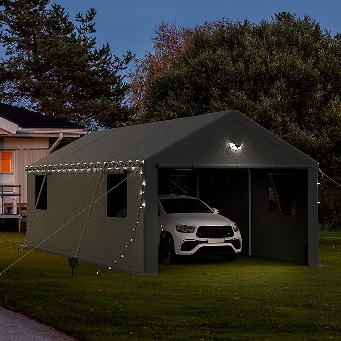 Carports Canopy 13x20 Heavy Duty, Portable Car Port Garage with Roll Up Drive Through Doors, Grey