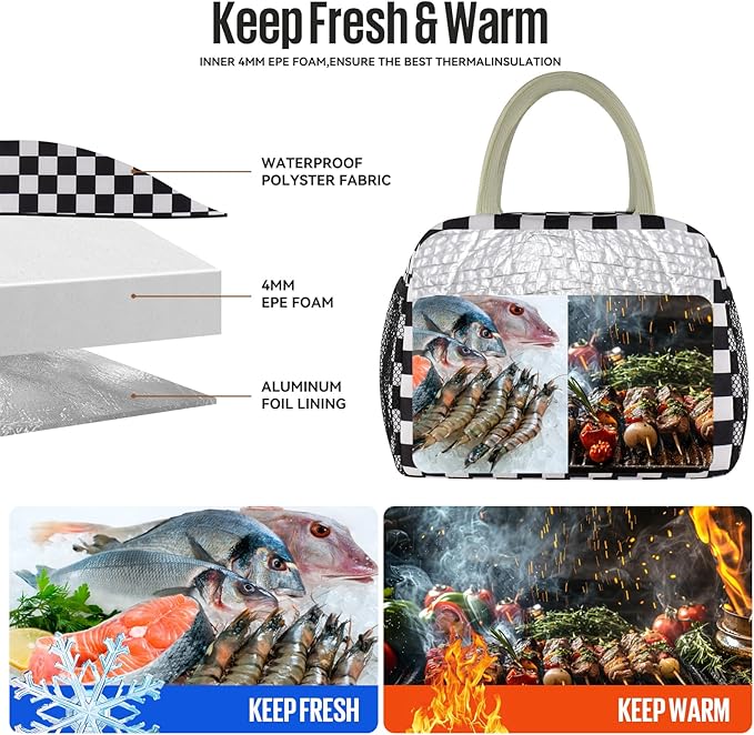 Lunch Bag Women/Men Lunch Box Women/Men (Black+White Checkerboard)