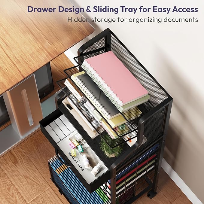 SWTYMIKI 10-Tier Rolling File Cart - Mesh Paper Organizer with Drawer and Hanging File Folders on Lockable Wheels, Rolling File Cabinet for Office Organization, Storage in Home, Studio, School, Black