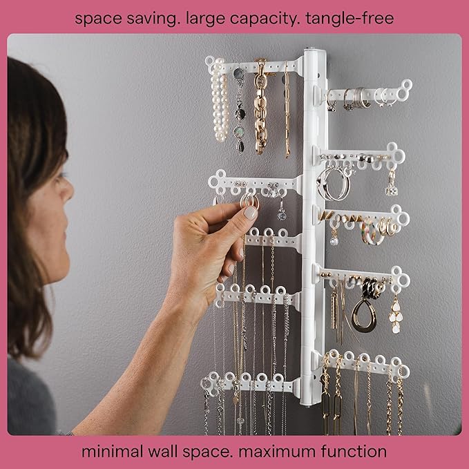 AllHungUp 12-Tier Wall Jewelry Organizer Wall Mounted Jewelry Organizer Necklace Holder Wall Mount Hanging Necklace Organizer Jewelry Hanger Wall Mounted Earring Holder Display Earring Organizer White